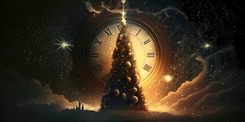 Antique clock counting down the new year with a christmas tree in front. Mysterious black background with clouds and stars. - obrazy, fototapety, plakaty