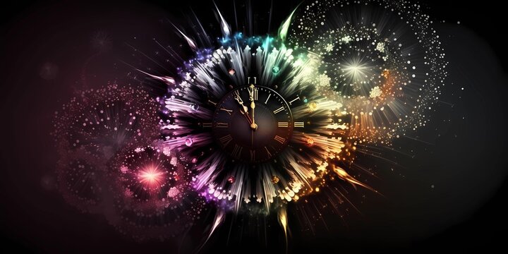 Clock exploding with colored fireworks on black background. New year midnight celebration. Abstract concept of the passage of time with copy space.