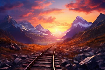 Landscape with railroad track, sunset and mountains. Generative AI