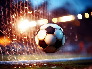 Photo of the ball that flies into a goal on a professional soccer stadium while the sun shines. AI generated