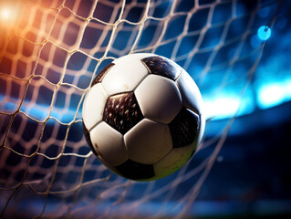 Photo of the ball that flies into a goal on a professional soccer stadium while the sun shines. AI generated