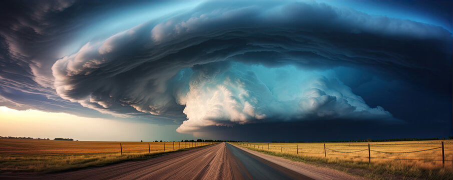 Supercell storm Thunder Tornado on road, wide banner or panorama photo.