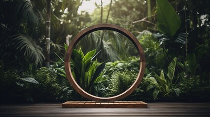 Generative AI, Empty circle wooden frame and tropical leaves on jungle background. For product display. 