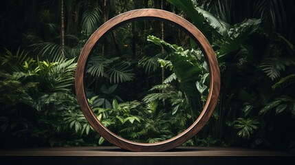 Generative AI, Empty circle wooden frame and tropical leaves on jungle background. For product display. 