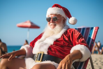 Obraz premium Santa claus beach chair in sunglasses. Generate Ai