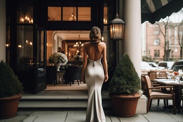 Full-body rear view of a cosmopolitan woman in a chic tuxedo ensemble, awaiting her car outside a grand hotel, muted colors
