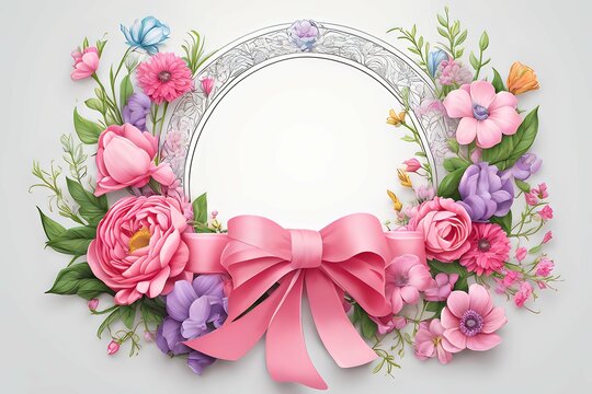 Breast cancer frame with flowers and ribbon bow ai generative image