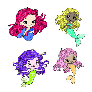 Cute cartoon mermaids. Siren. Sea theme. vector illustration.