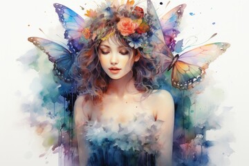 Illustration of a watercolor painting of a woman dressed as a fairy created with Generative AI technology