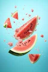 Commercial image of watermelon slices flying in the air on a blue background. AI generation.