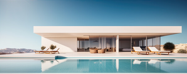 Modern clean minimalistic house with swimming pool and blue sky in summer day. Vacation best property.