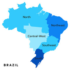 Brazil map with administrative regions. Latin map. Brazilian map.	