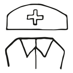 Medical uniform vector doodle illustration medical wear for doctor or nurse hat and medical white robe
