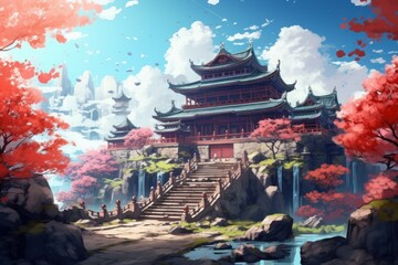 Fototapeta premium Asian temple landscape anime visual novel game. Generate Ai