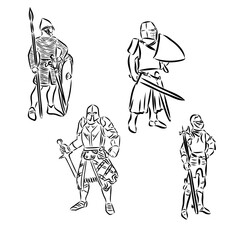 Continuous one line drawing medieval knight standing in armor