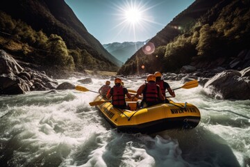 Rafting on a fast powerful mountain river. Generative AI