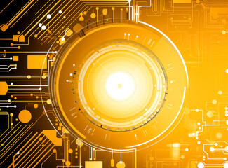 Obraz premium Abstract yellow background full circle vector free, yellow technology with circuitry, light white and gold. Yellow energy core wallpaper. 