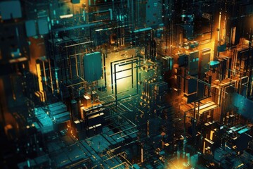 Fusion of geometric shapes, metallic surfaces, and illuminated lines. Generative AI