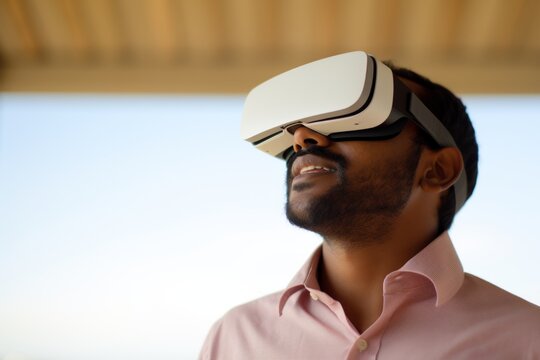 Indian man guy student user computer technology male wear VR headset virtual reality goggles exploration metaverse modern advanced tech future progress playing cyber game experience gaming background