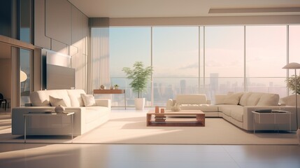 Modern living room interior, sunset light through the windows.