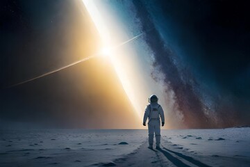 An astronaut standing on the moon, observing the Milky Way. AI-Generated