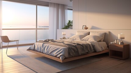 Modern bedroom interior, sunset light in the windows.
