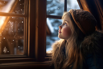 Little girl looking out the window into to the snowy winter landscape.  Miracle of Christmas time with lights.