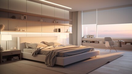 Modern bedroom interior, sunset light in the windows.