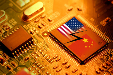 US sanctions on the production of Chinese microchips. Prohibition of Chinese microelectronics and communication systems. - obrazy, fototapety, plakaty
