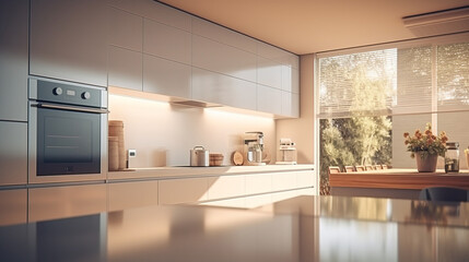Modern kitchen interior, sunset light through the windows.