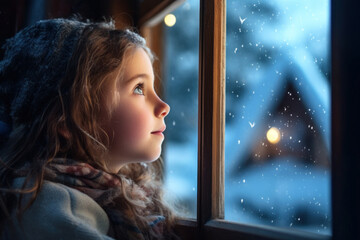 Little girl looking out the window into to the snowy winter landscape.  Miracle of Christmas time with lights.