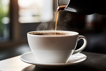 Pouring coffee streaming fresh white cup of hot aroma cappuccino americano espresso latte steam smoke on table morning breakfast drinking tasty drink flowing stream cafeteria cafe restaurant caffeine