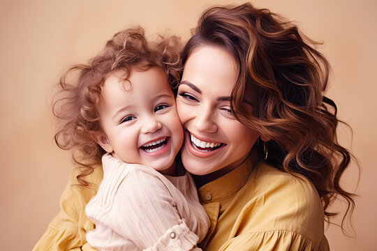 Mother and little kid daughter isolated on pastel background, Mother's Day love family parenthood childhood concept