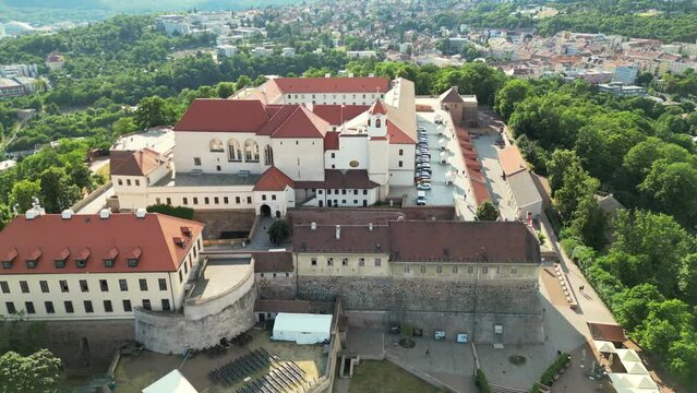 Panoramic view from the drone on the city Brno. Czech Republic. Above view of medieval castle Spilberk. City of Brno. South Moravian region. 