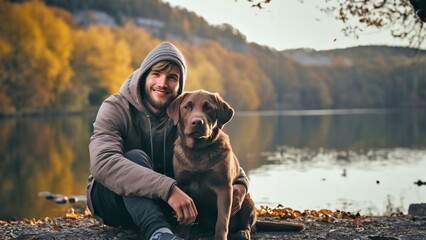 A young guy with his chocolate labrador dog sits hugging on the shore of a mountain lake on an autumn evening.