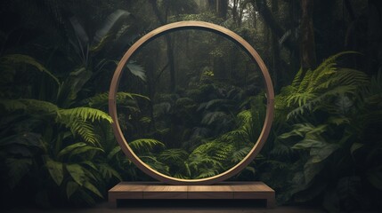 Generative AI, Empty circle wooden frame and tropical leaves on jungle background. For product display.