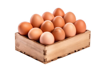 Fresh eggs in wood crate isolated on transparent background. Generative Ai