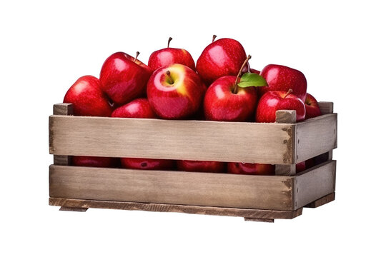 Apples in wooden box isolated on transparent background. Generative Ai