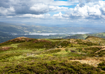 Fototapeta premium Views of Windermere lake from Lingmoor fell summit, England