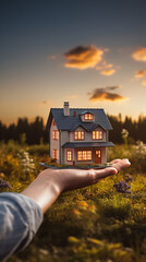 Miniatur Haus als Symbol für modernes Hausbauen. Neubau eines Hauses wird beworben mit einer Hand, Natur und Haus, ai generativ