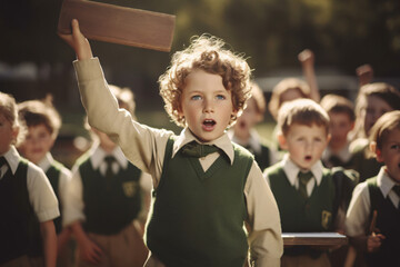 Fototapeta premium A boy raises his hands in a classroom with other children in the background