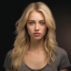 Naklejka premium Sinnliches Gesicht einer blonden hübschen Frau mit nude Lippen und schöner Visagistik für die Kosmetik als Poster Nahaufnahme, ai generativ