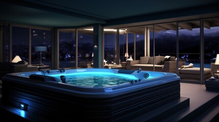Fototapeta premium Modern dark jacuzzi interior, neon lighting.