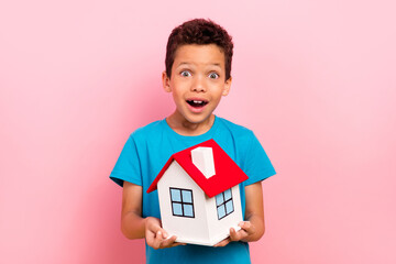 Photo of sweet impressed little boy dressed blue t-shirt rising small red roof house isolated pink...