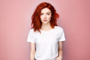 Obraz premium red head wearing white tshirt on plain background for mock up or presentation