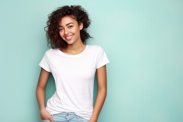 white tshirt worn by female fashion model for mock up on green background