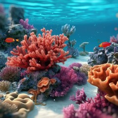 Bright underwater world with corals and fish. Coral reef illustration. Diving in the red sea in Egypt. Sea life underwater. Illustration of corals and fish in the sea. Generative ai.