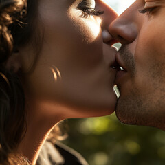 Hübsches Gesicht eines Paares beim zärtlichen Kuss mit romantischen Gegenlicht von der Sonne, ai generativ 
