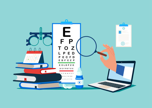Eye examination, eye drop. Ophthalmologist online doctor eyesight check up. Flat vector illustration.