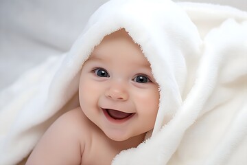 Exceptional Newborn Wonder: Baby Wrapped in White Sheets with Heartwarming Smile, Generative AI